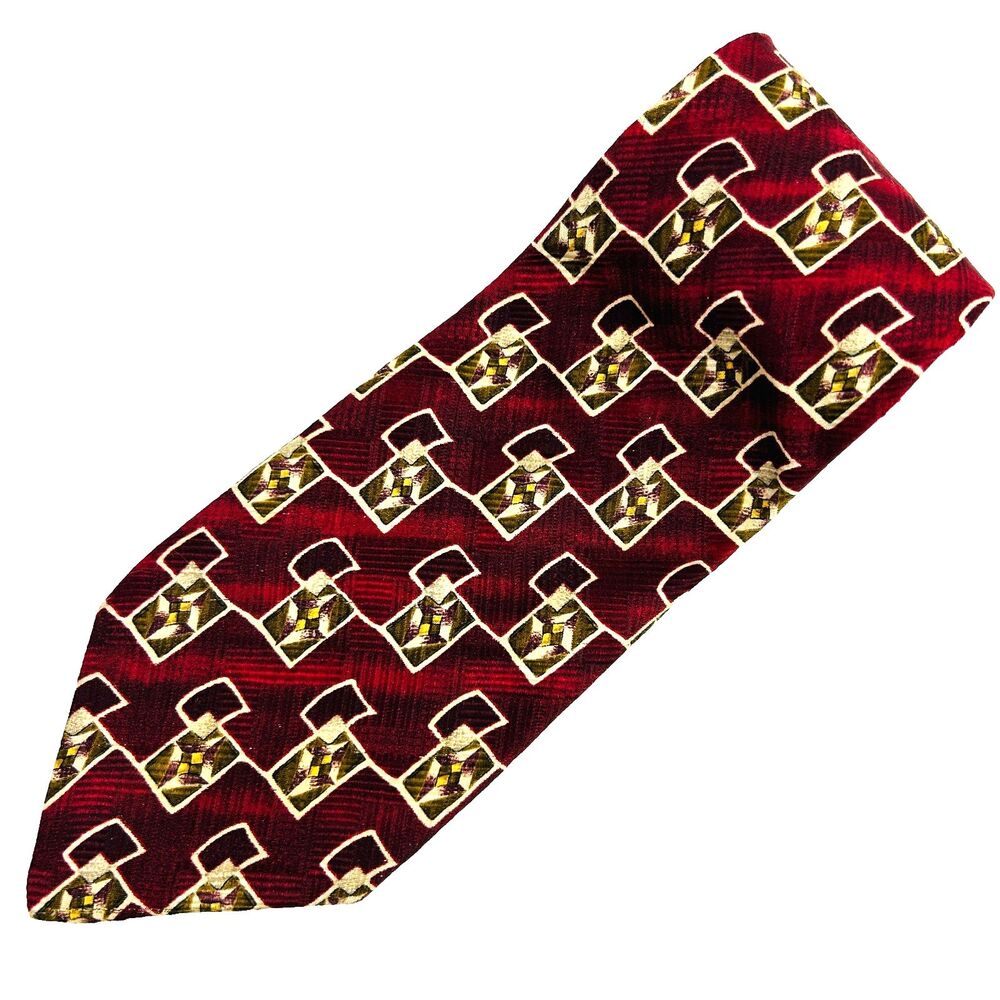 Robert Talbott Studio Tie Burgundy & Gold Geo Silk Printed Necktie 60" x 4"